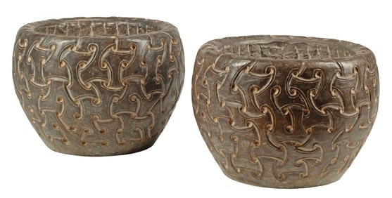 (2) CELTIC STYLE CARVED HARDSTONE PLANTERS OR JARDINIERES