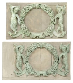 (2) LARGE ARCHITECTURAL PAINTED PLASTER WALL PANELS WITH CHERUBS