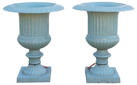 (2) LARGE PAINTED CAMPANA-FORM CAST IRON GARDEN URNS