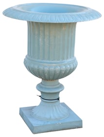 LARGE PAINTED CAMPANA-FORM CAST IRON GARDEN URNS