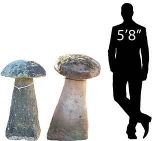 (2) ENGLISH MUSHROOM-FORM STADDLE STONES, 35"H