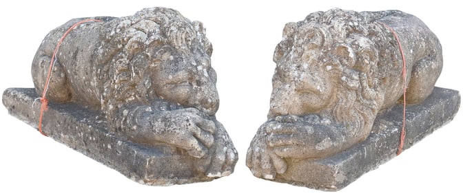 (2) CAST STONE GARDEN STATUARY RECUMBENT LIONS