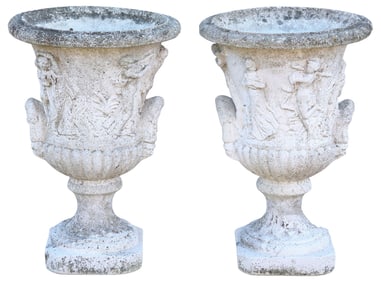 (2) CAST STONE CAMPANA-FORM GARDEN URNS, 23"H