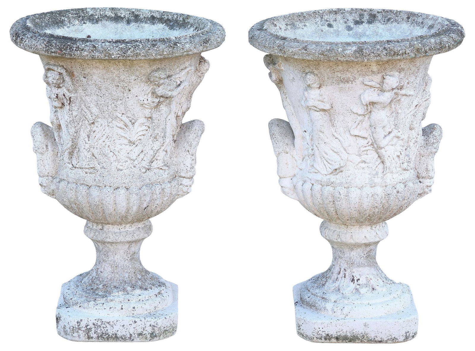 (2) CAST STONE CAMPANA-FORM GARDEN URNS, 23"H: (pair) Cast stone campana-form urns, 20th c., having foliate rim, over bacchanal scene, melon-ribbed body, with figural mask joins, approx 23"h, 15"w, 15"d **PLEASE NOTE: All of the cast stone and gar