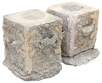 (2) FRENCH CAST STONE FAUX BOIS GARDEN JARDINIERES