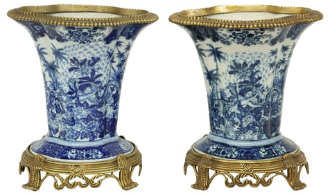 (2) CHINESE BRONZE-MOUNTED BLUE & WHITE FLARED PLANTERS