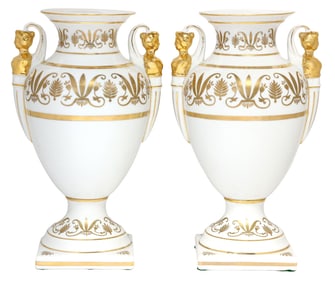(2) NEOCLASSICAL STYLE PARCEL-GILT PORCELAIN FIGURAL URNS