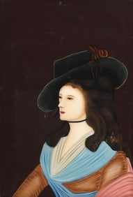 FRAMED CHINESE REVERSE PAINTING ON GLASS, PORTRAIT OF A YOUNG LADY