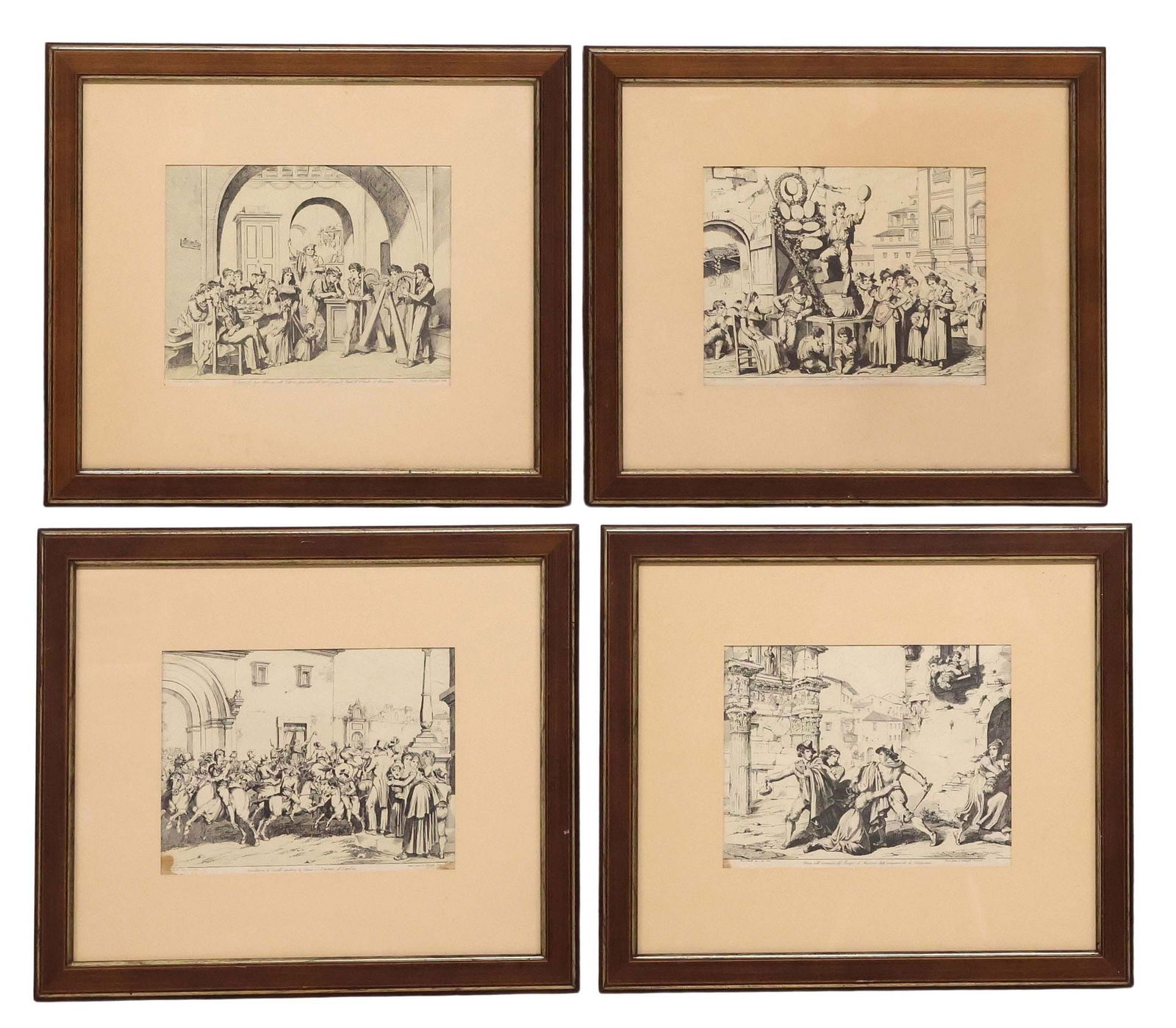 (4) AFTER BARTOLOMEO PINELLI (1781-1835) 'COSTUMES OF ROME' ETCHINGS: (lot of 4) Framed etchings on paper, after Bartolomeo Pinelli (Italian, 1781-1835), from the "Costumes of Rome" series, originally printed by La Caleographia Camerale, Rome, (two) with light staining