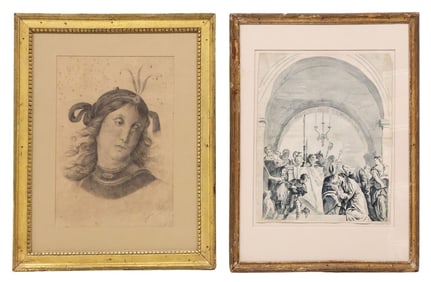 (2) FRAMED ARTWORK, WATERCOLOR AFTER VERONESE & ART NOUVEAU DRAWING