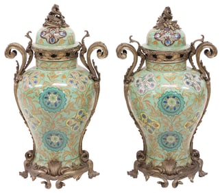 (2) LARGE CHINESE BRONZE-MOUNTED PORCELAIN COVERED URNS, 25.5"H