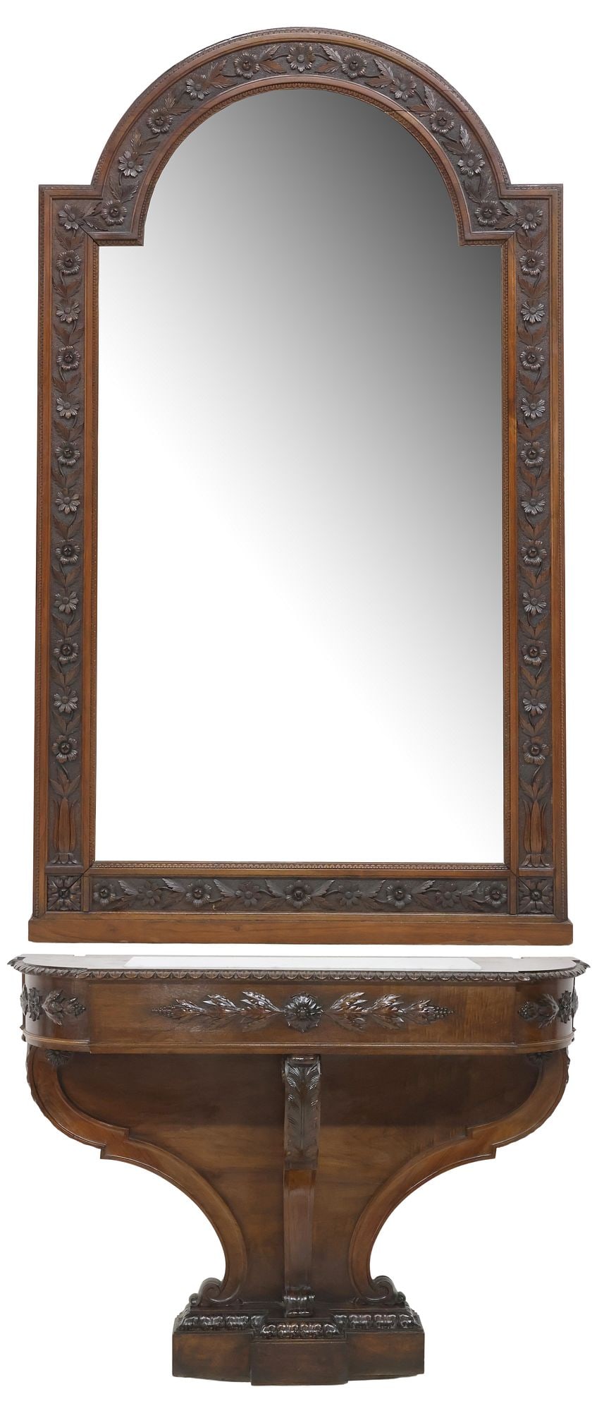 LARGE ITALIAN CARVED WALNUT MARBLE-TOP MIRRORED CONSOLE TABLE: Italian finely carved walnut mirror and console table, 19th c., arched mirror frame with elaborate carved floral ornamentation, encasing flat mirror plate, demilune console with inset marble top and f