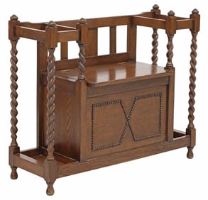 ENGLISH JACOBEAN STYLE CARVED OAK BARLEY TWIST HALL BENCH