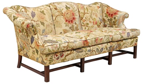 ENGLISH CHIPPENDALE STYLE FLORAL UPHOLSTERED CAMELBACK SOFA