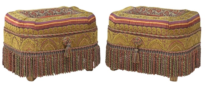 (2) UPHOLSTERED OTTOMANS / FOOTSTOOLS WITH FRINGE