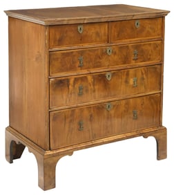 ENGLISH GEORGIAN OAK & BURLWOOD CHEST OF DRAWERS