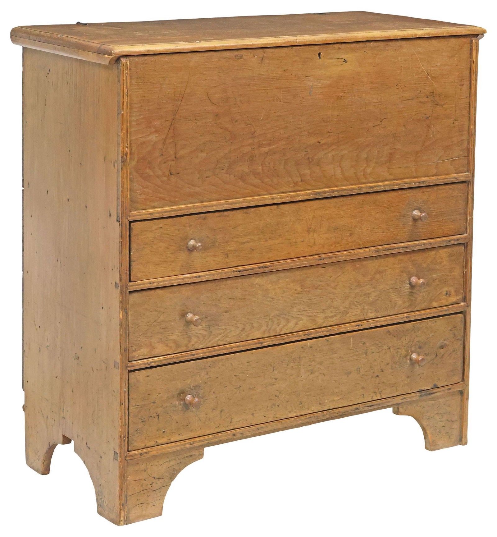 ENGLISH GEORGIAN PERIOD COUNTRY OAK MULE CHEST: English Georgian period oak mule chest with drawers, late 18th/ early 19th c., having hinged top on iron rings opening to reveal interior storage, over three rows of drawers with knob pulls, rising on