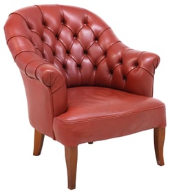 ENGLISH CHESTERFIELD STYLE BUTTON-TUFTED RED LEATHER CLUB CHAIR