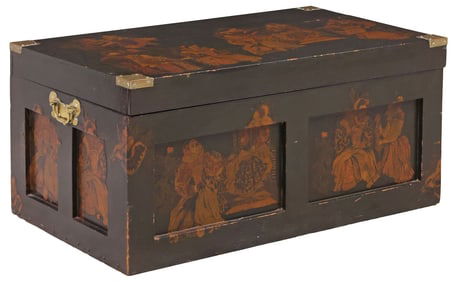 ENGLISH BLACK LACQUER COURTIER-PRINT DECOUPAGE CHEST / TRUNK