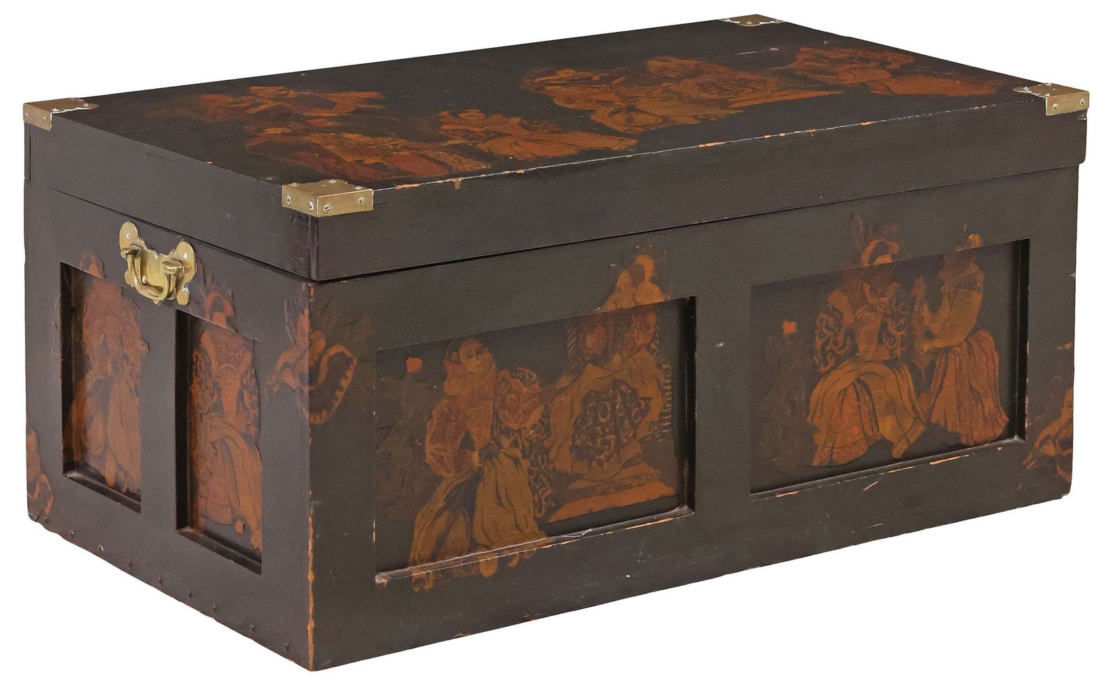 ENGLISH BLACK LACQUER COURTIER-PRINT DECOUPAGE CHEST / TRUNK (1 of 6)