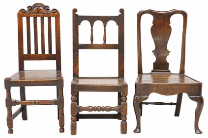 (3) ENGLISH OAK SIDE CHAIRS, JACOBEAN STYLE, QUEEN ANNE STYLE, 18TH / 19TH C.