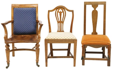 (3) ENGLISH UPHOLSTERED OAK CHAIRS, 1 HEPPLEWHITE STYLE
