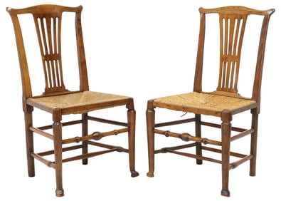 (2) ENGLISH CHIPPENDALE STYLE OAK RUSH SEAT SIDE CHAIRS