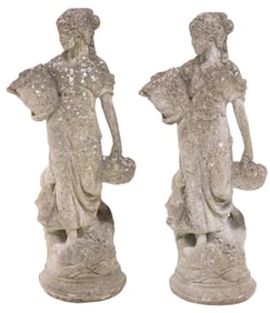 (2) CAST STONE MAIDEN WITH FRUIT GARDEN SCULPTURES