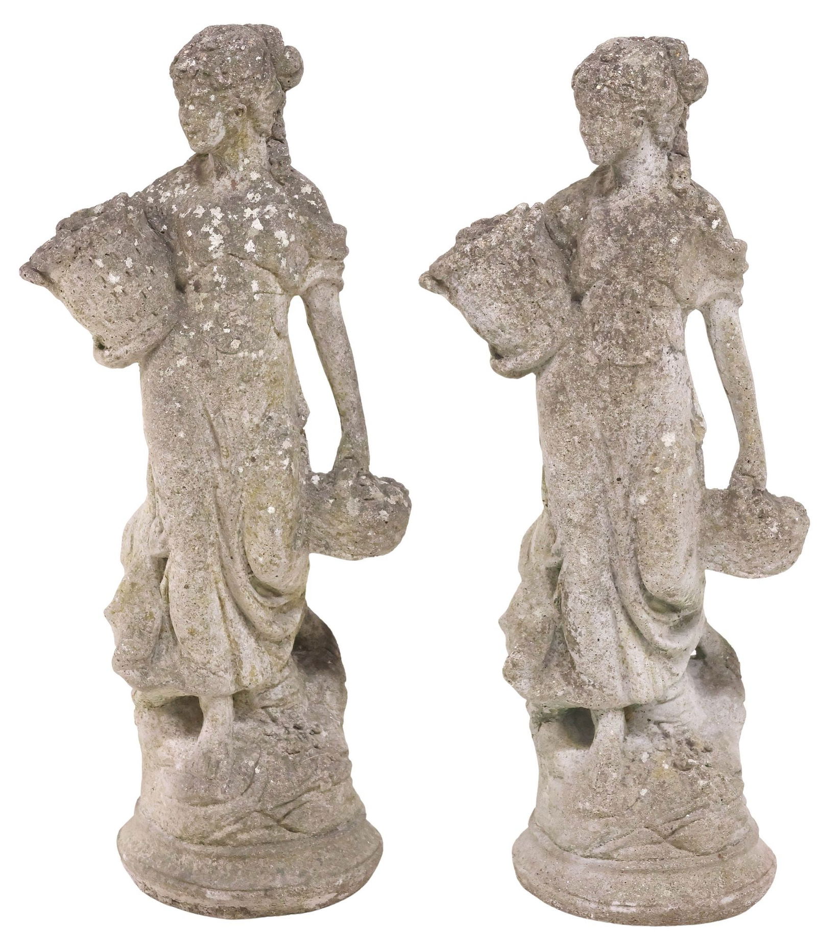 (2) CAST STONE MAIDEN WITH FRUIT GARDEN SCULPTURES (1 of 3)