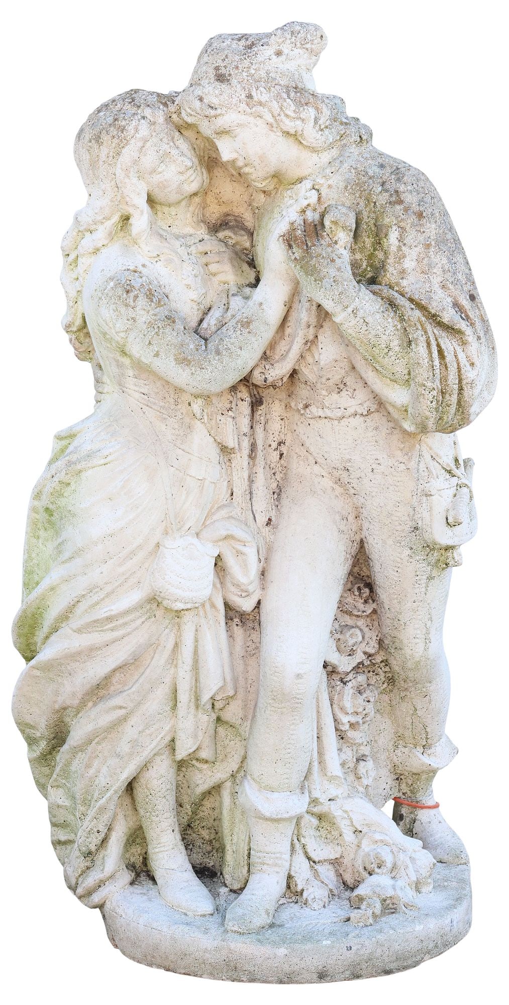CAST STONE ROMEO & JULIET GARDEN STATUARY: Cast stone garden sculpture, Romeo and Juliet, on rounded base, approx 29"h, 15"w, 10"d **PLEASE NOTE: All cast stone and garden pieces in this auction have inherent flaws and evidence of outdoor use.