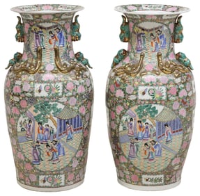(2) CHINESE CANTON PARCEL-GILT FAMILLE ROSE PORCELAIN FLOOR VASES, 36.5"H