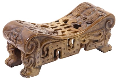 CHINESE CARVED HARDSTONE BAT MOTIF HEADREST / NECK PILLOW