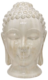 LARGE WHITE-GLAZED CERAMIC HEAD OF THE BUDDHA, 20"H