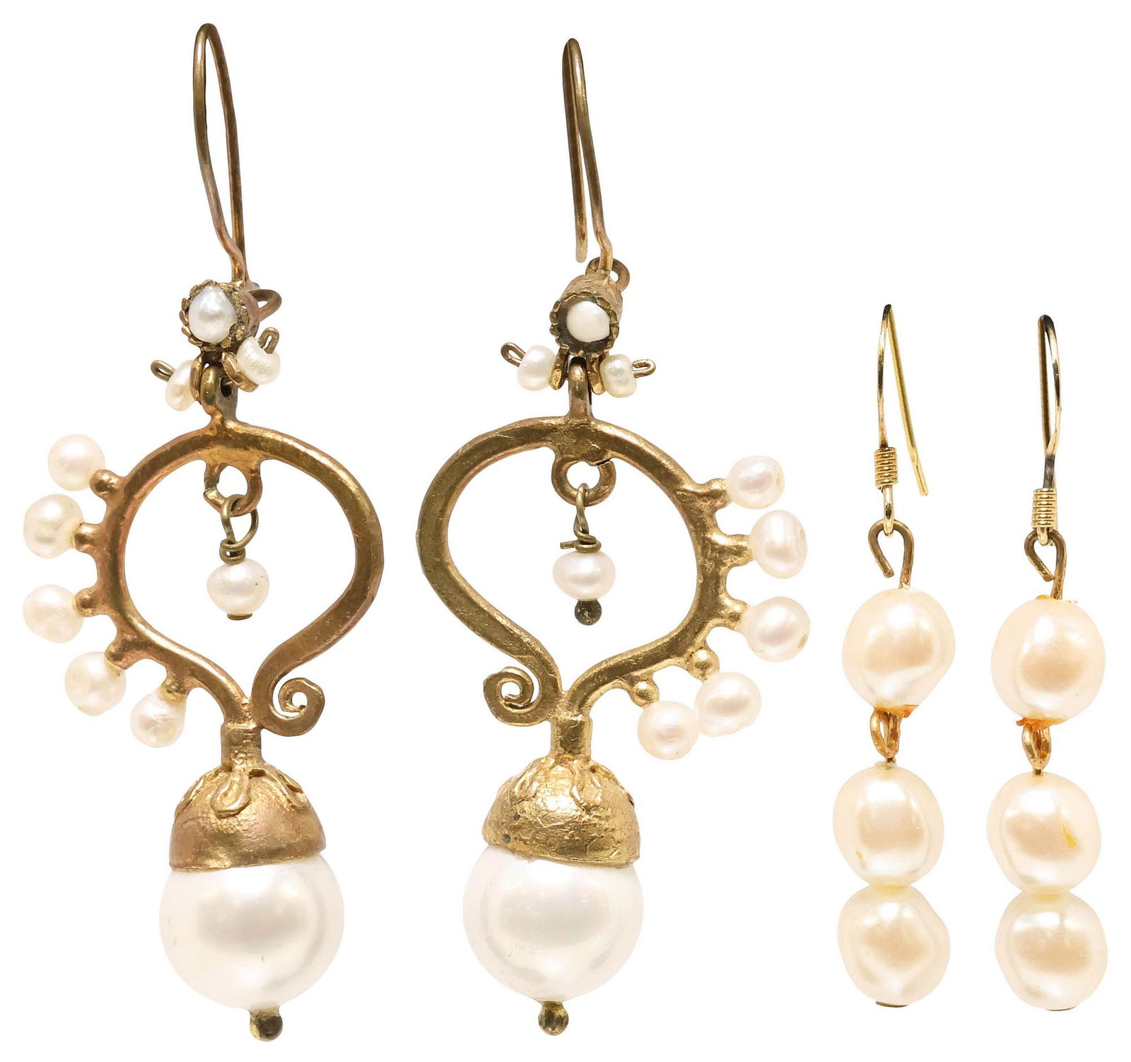 (2PR) ESTATE GILT METAL, PEARL & FAUX PEARL EARRINGS (1 of 4)