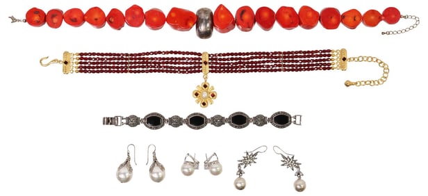 (6) ESTATE RED CORAL, STERLING & MARCASITE & FAUX PEARL JEWELRY GROUP