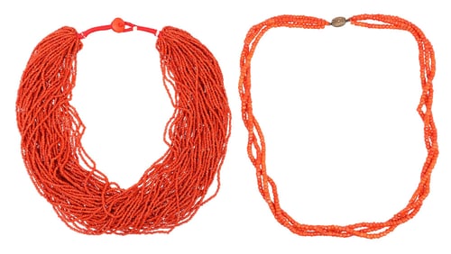 (2) ESTATE RED CORAL BEADED MULTI-STRAND NECKLACES
