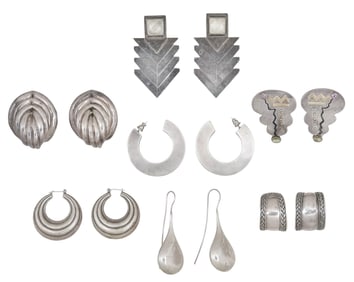(7 PAIR) MODERNIST MEXICO STERLING & SILVER EARRINGS