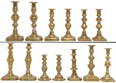 (13) ANTIQUE ENGLISH TURNED-FORM BRASS CANDLESTICKS