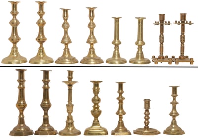 (15) ANTIQUE ENGLISH TURNED-FORM BRASS CANDLESTICKS