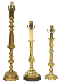 (3) ENGLISH BRASS CANDLESTICK 1-LIGHT TABLE LAMPS
