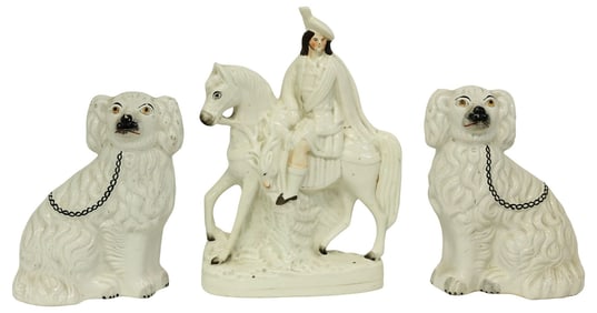 (3) ENGLISH VICTORIAN STAFFORDSHIRE MANTEL DOGS & FIGURAL GROUP