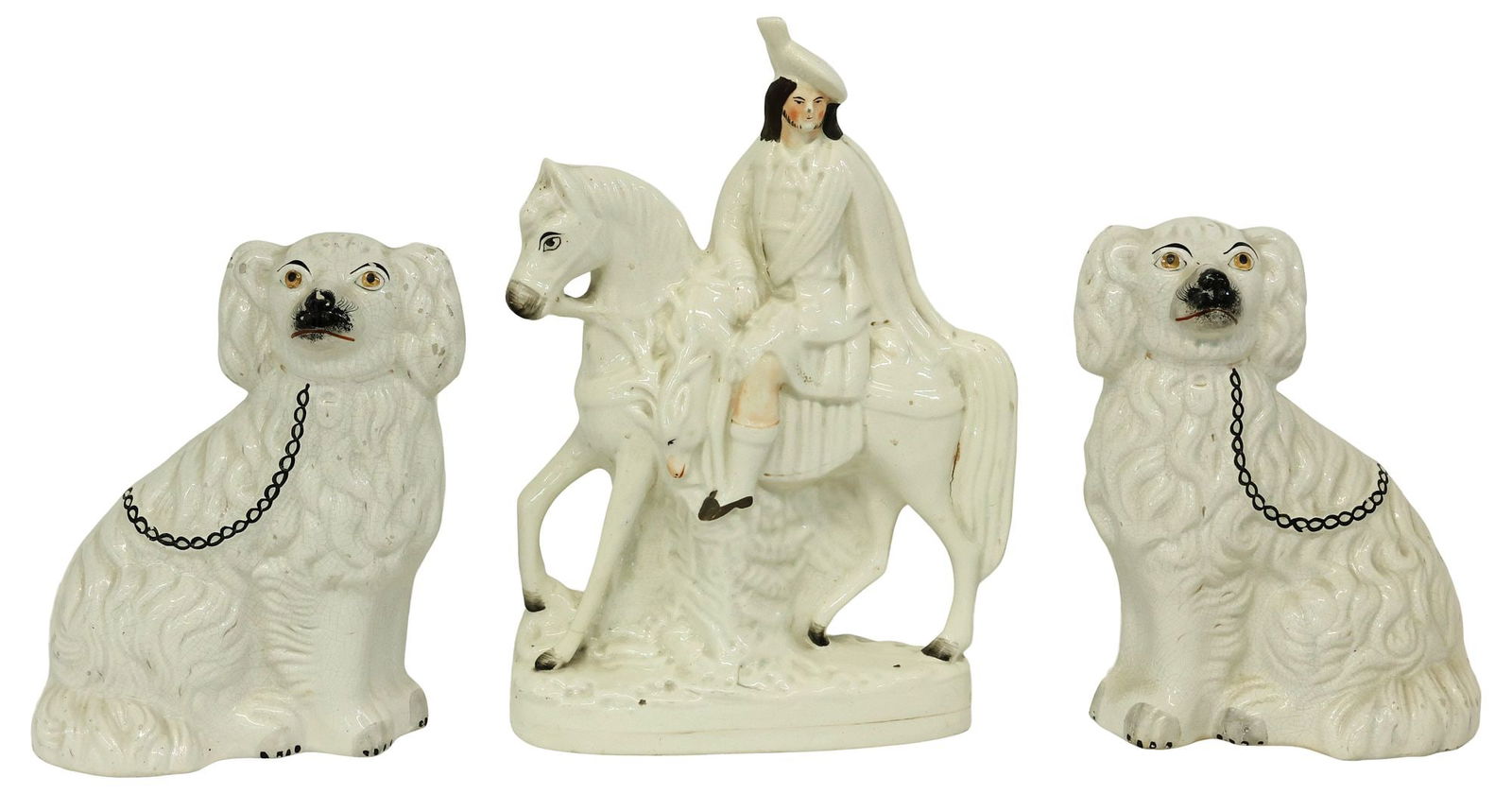 (3) ENGLISH VICTORIAN STAFFORDSHIRE MANTEL DOGS & FIGURAL GROUP (1 of 3)