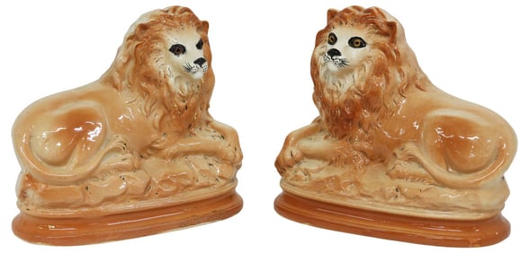 (2) ENGLISH VICTORIAN STAFFORDSHIRE RECUMBENT LION FIGURES