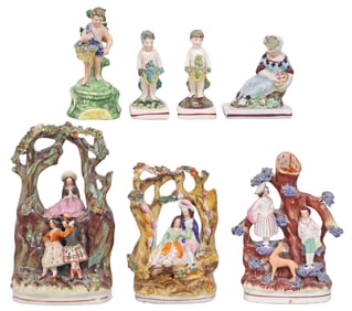 (7) ENGLISH STAFFORDSHIRE PEARLWARE MANTEL FIGURES & SPILL VASE