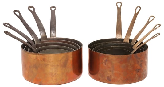 (10) FRENCH GRADUATED COPPER SAUCEPANS, IN TWO SETS