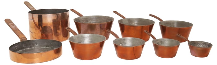(9) FRENCH COPPER GRADUATED SAUCEPANS & RUSSIAN KITCHENWARE