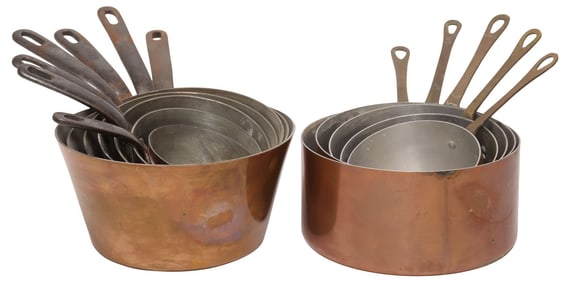 (12) FRENCH COPPER & METAL GRADUATED SAUCEPANS