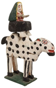 MEXICAN FOLK ART CARVED & PAINTED WOMAN RIDING CAMEL SCULPTURE