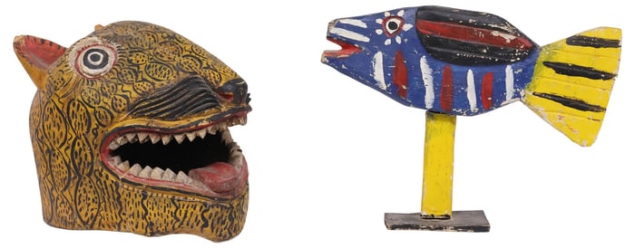 (2) LARGE MEXICAN FOLK ART JAGUAR MASK & POLYCHROMED FISH ON STAND