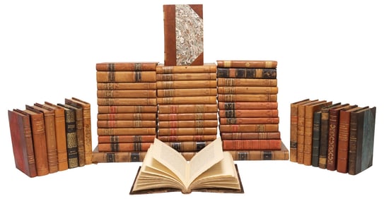 (53) FRENCH LEATHER-BOUND LIBRARY SHELF BOOKS, SOME SIGNED